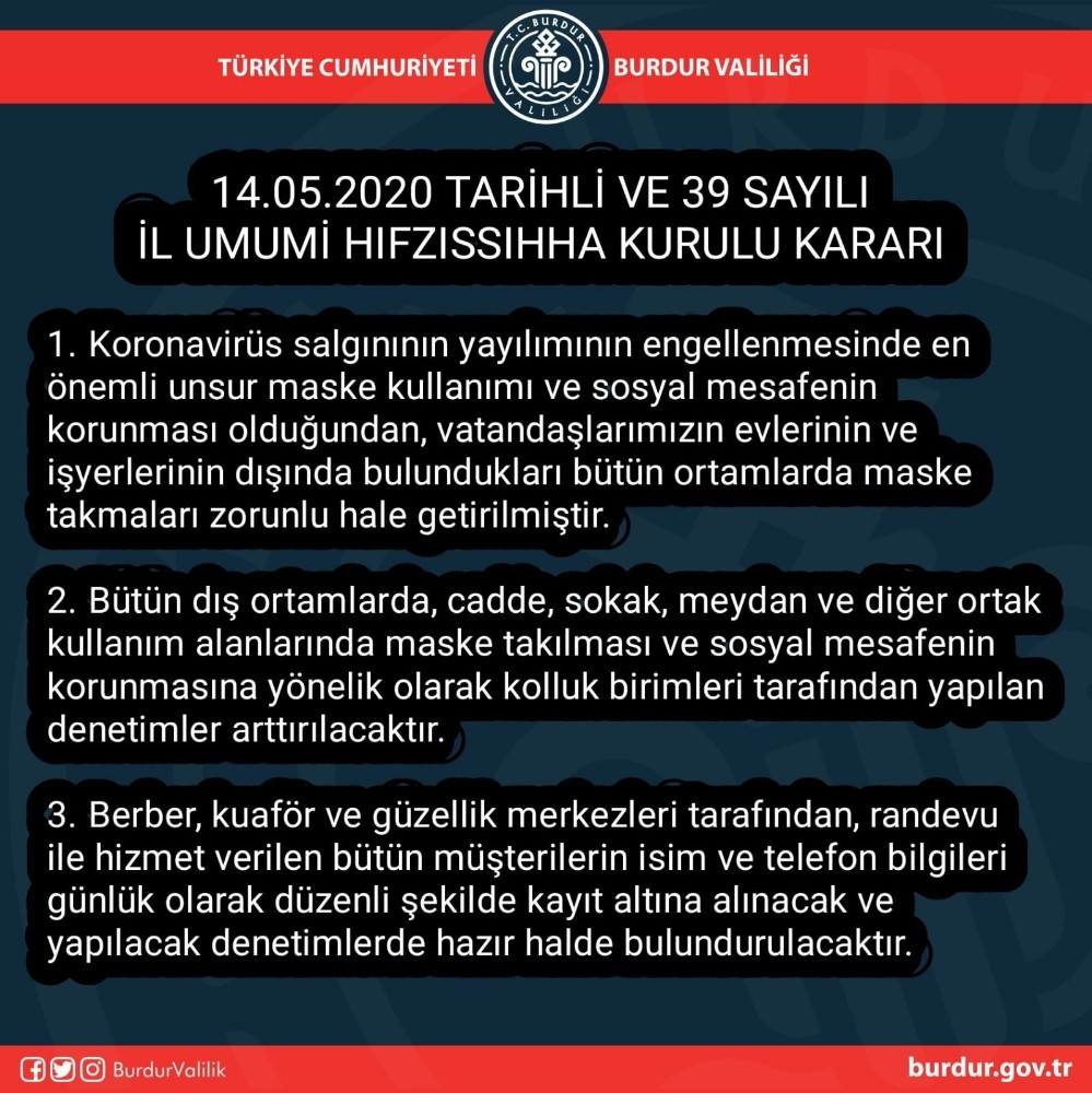 Burdur’da sokakta maske zorunluluğu getirildi 