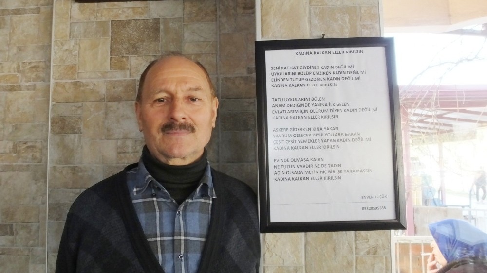 Burhaniyeli lokantacıdan kadına şiddete şiirli tepki 