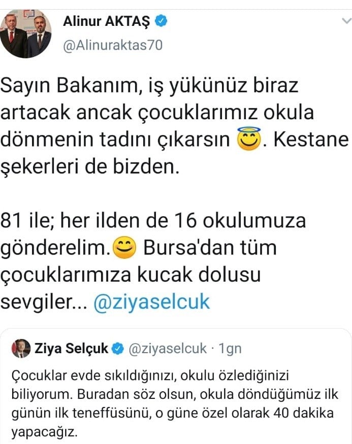Bursa Büyükşehir Belediye Başkanı Alinur Aktaş’dan 81 ildeki 16 okula kestane şekeri 
