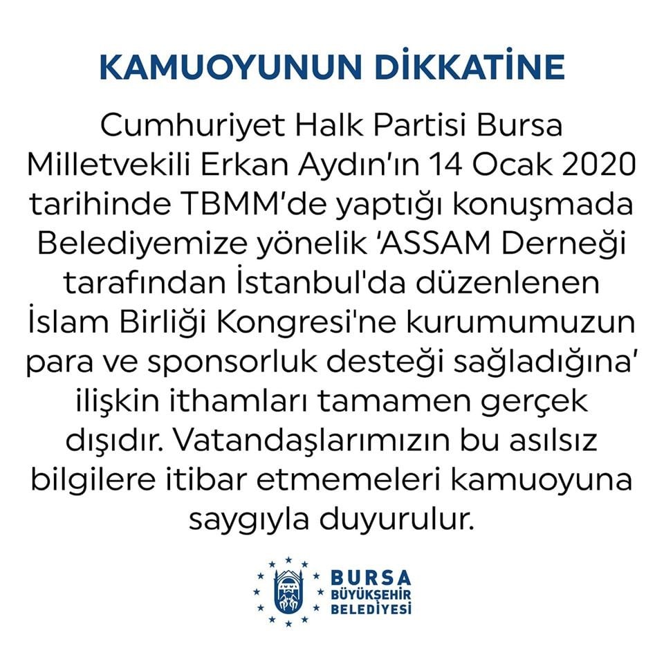 Bursa Büyükşehir Belediyesi CHP’li Aydın’ın iddialarını yalanladı 