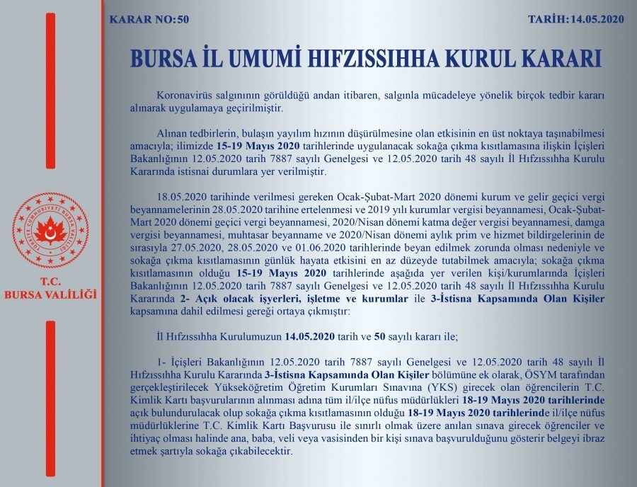 Bursa Valiliği’nden İl Hıfzıssıhha Kurul Kararı açıklaması 