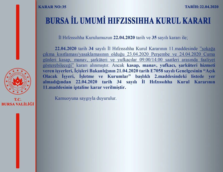 Bursa Valiliğinden kasap, manav, şarküteri ve yufkacı açıklaması 