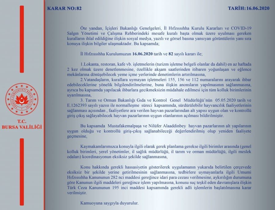 Bursa Valiliğinden yeni İl Hıfzıssıhha Kurul Kararı açıklaması 