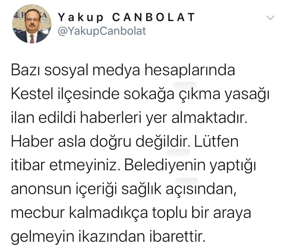 Bursa Valisi’nden sokağa çıkma yasağı haberlerine yalanlama 