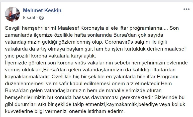 Bursa’da belediye başkanından toplu iftar düzenleyen vatandaşlara uyarı 