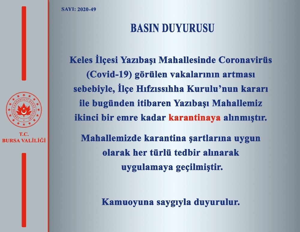 Bursa’da bir köy karantina altına alındı 