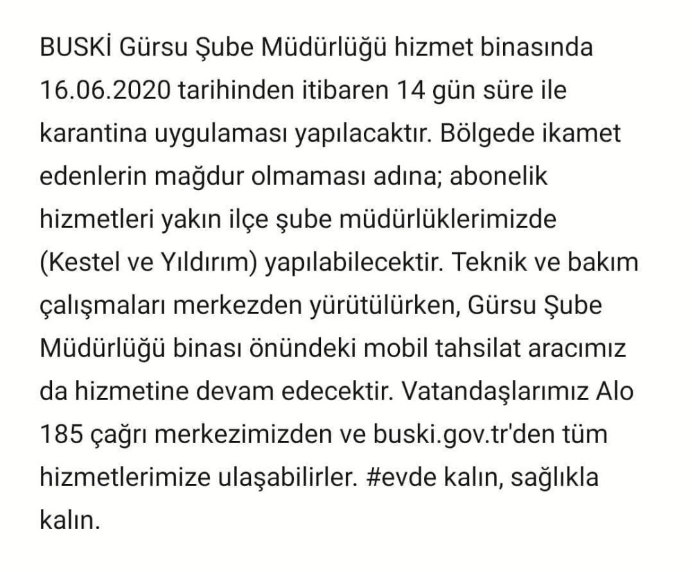 Bursa’da BUSKİ Şubesi 14 gün karantina altına alındı 