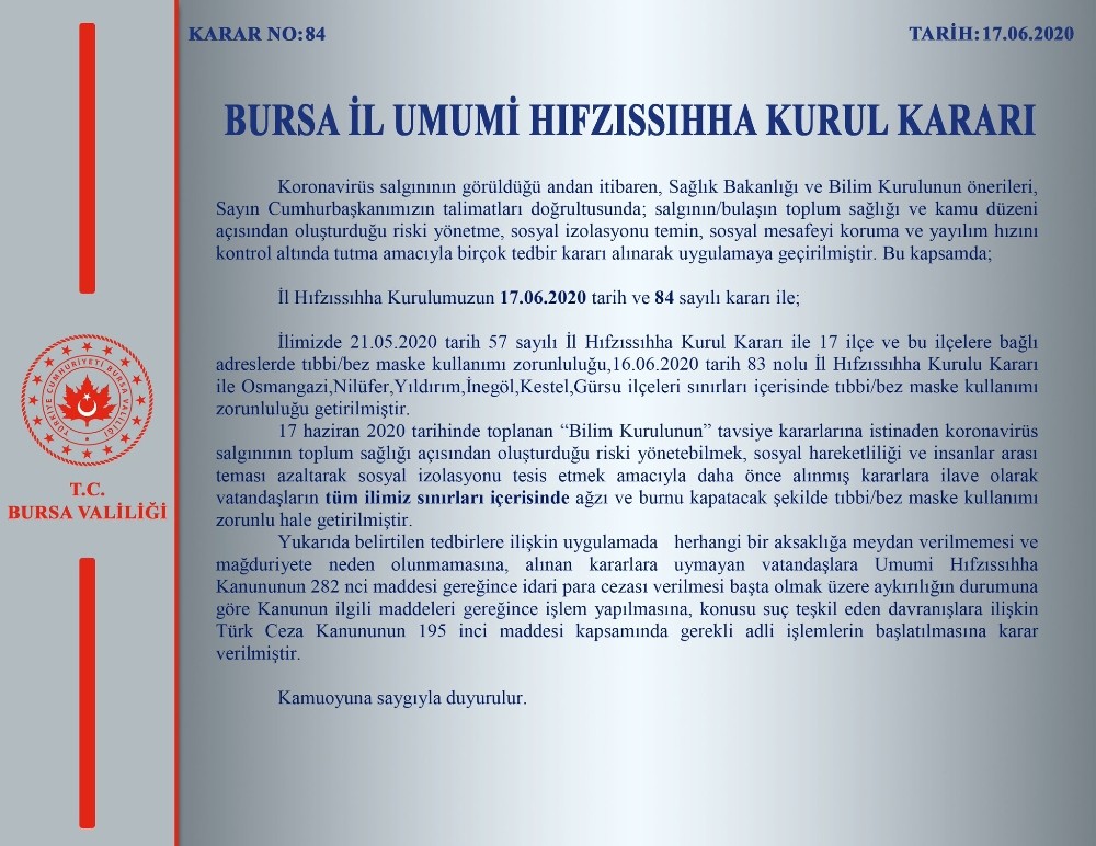 Bursa’da maske zorunlu hale getirildi 