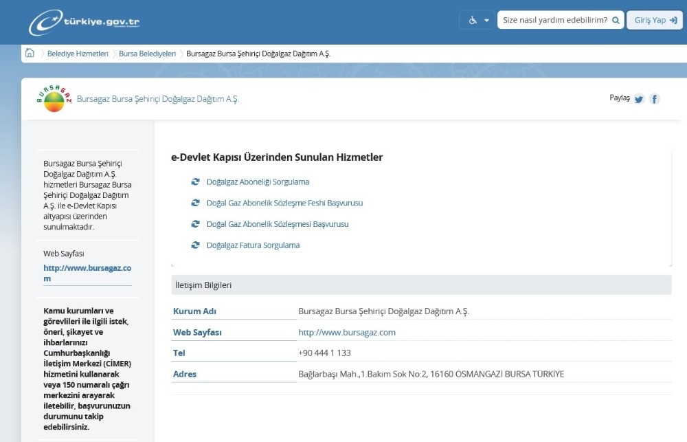 Bursagaz dört hizmetiyle e-devlet kapısında 