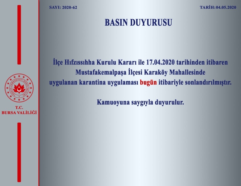 Bursa’nın Mustafakemalpaşa ilçesindeki karantina sonlandırıldı 