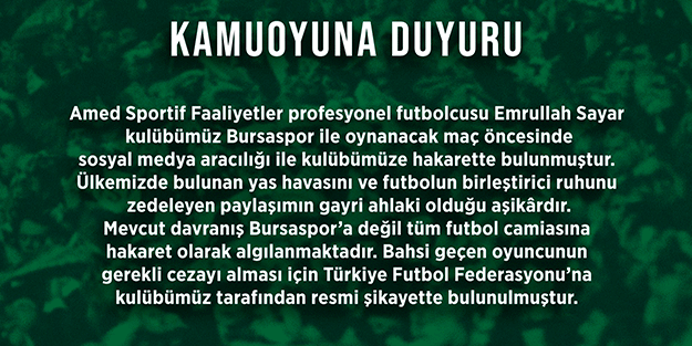 Bursaspor Kulübü, Amedsporlu futbolcu Emrullah Sayar’ı şikayet etti