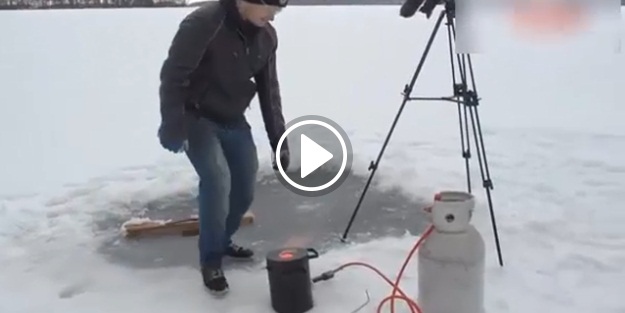 Buz tutmuş göle ısıtılmış demir bırakıldı