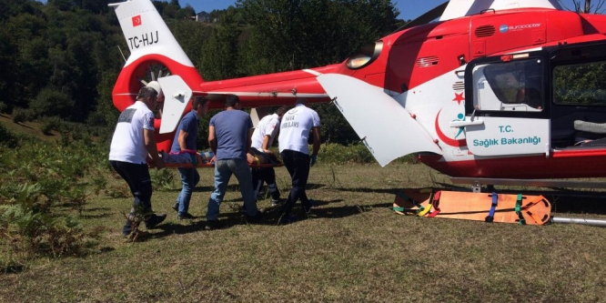 Kazada yaralanan kadın ambulans helikopter ile hastaneye kaldırıldı