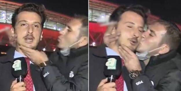 Canlı yayında ilginç anlar! Galatasaray taraftarının öptüğü muhabir neye uğradığını şaşırdı