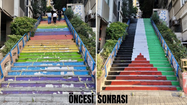Cihangir merdivenleri Filistin bayrağı renklerine boyandı