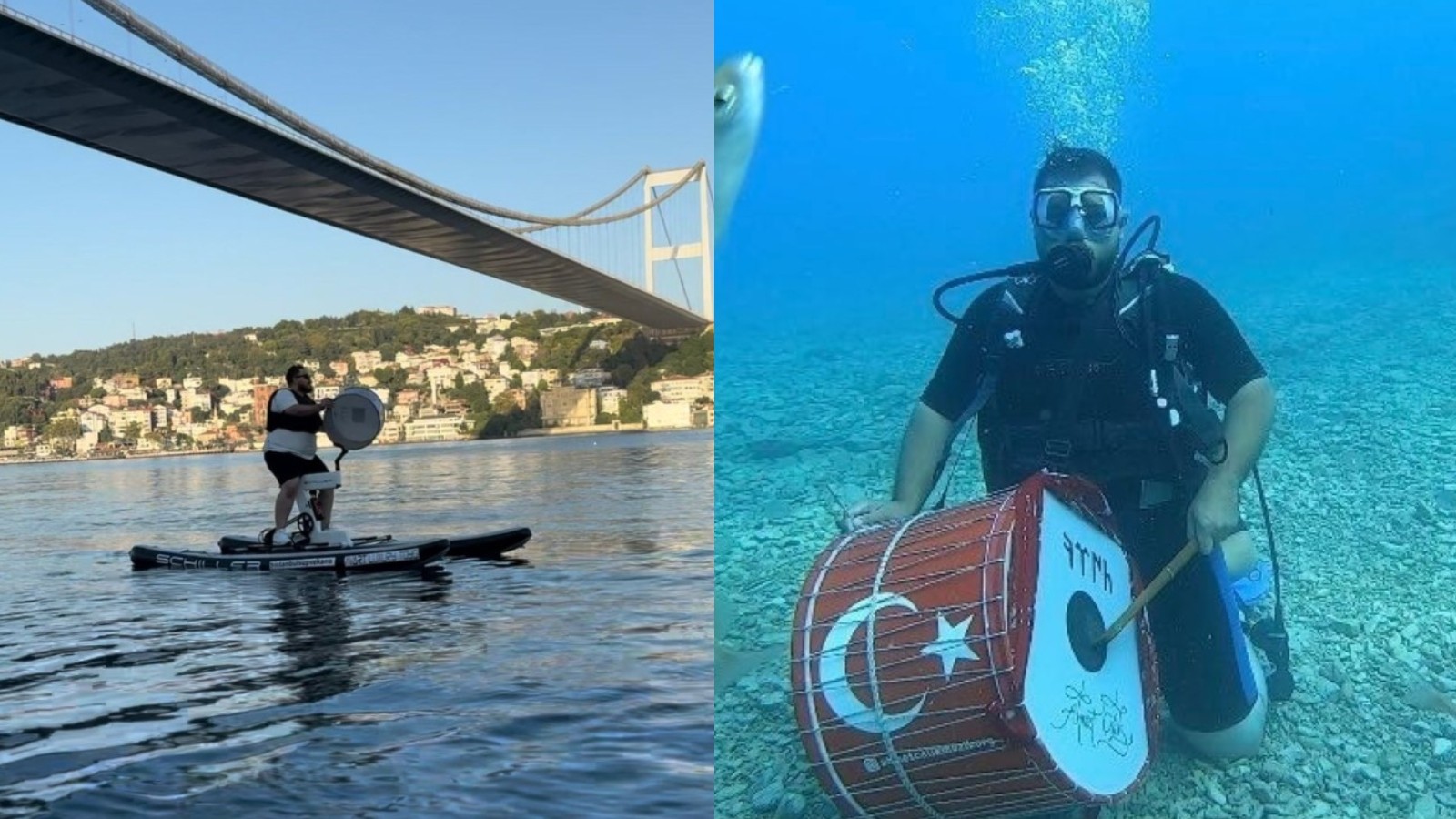 Çılgın davulcu sınır tanımıyor: Önce suyun altında, sonra da suyun üzerinde davul çaldı