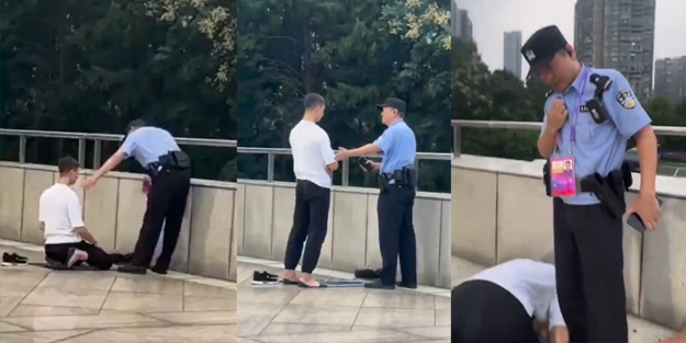 Çinli polis, namaz kılan genci engellemeye çalıştı!
