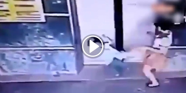 Çocuğunu tekme atarak kurtardı