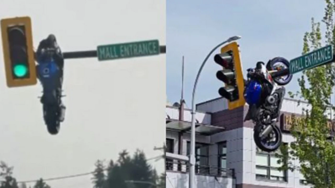 Çok tuhaf kaza: Motosiklet trafik ışığında asılı kaldı!