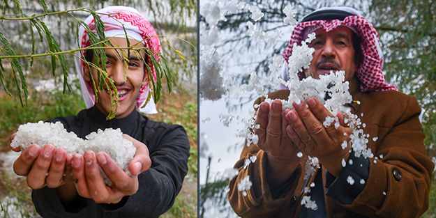 Çölde kar sevinci! Hemen telefona sarıldılar