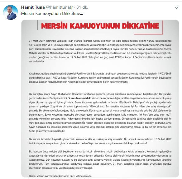 Cumhur İttifakı Adayı Tuna’dan Kocamaz’a yanıt 