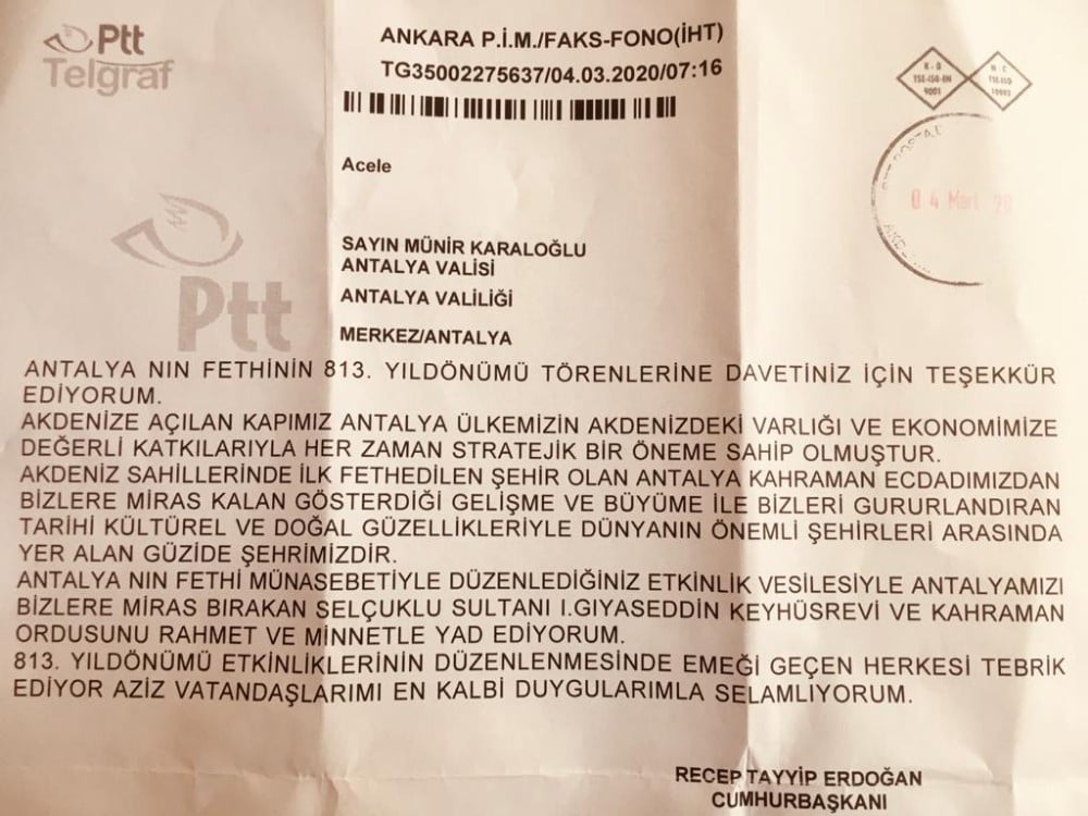 Cumhurbaşkanı Erdoğan Antalya’nın Fethi’nin 813. Yıl Dönümünü kutladı 