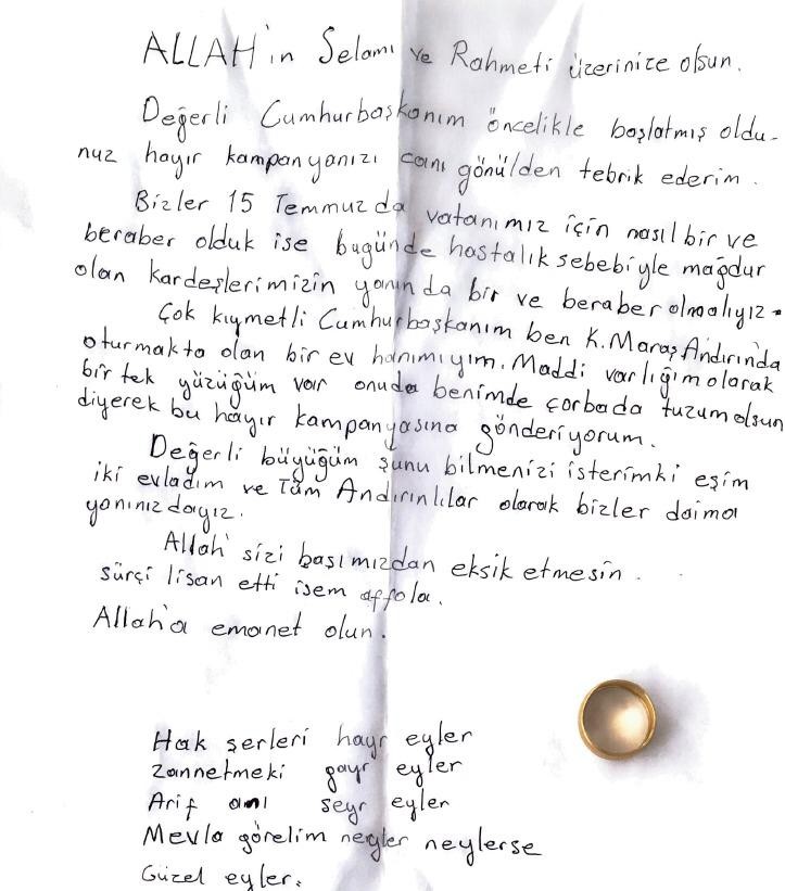 Cumhurbaşkanı Erdoğan, yüzüğünü göndererek Milli Dayanışma Kampanyası’na destek veren vatandaşla görüştü 