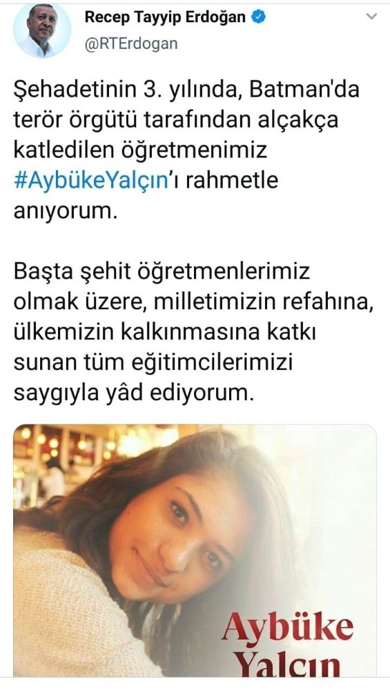 Cumhurbaşkanı Erdoğan’dan şehit Aybüke öğretmen için anlamlı paylaşım 
