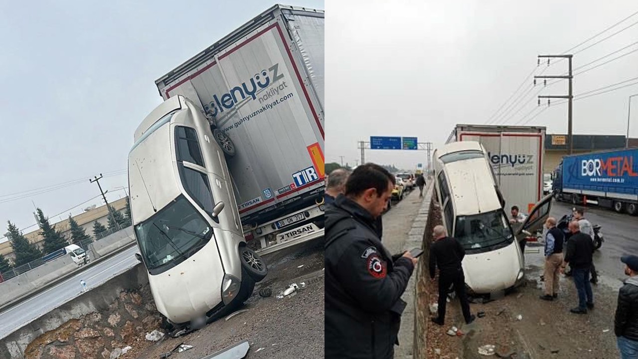 D-100’de şaşırtan kaza! Bariyerleri aşan otomobil tırın dorsesine asılı kaldı