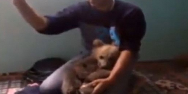 Dağda bulduğu ayıyı eve getirdi!