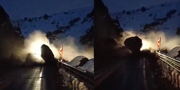 Dehşete düşüren anlar! Koca kaya parçası yola düştü: Faciadan kıl payı dönüldü