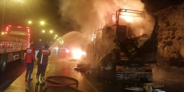 Depremzedelerin eşyalarını taşıyan TIR yandı