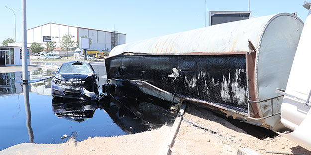 Devrilen zift yüklü tanker dehşet saçtı! Yaralılar kepçeyle kurtarıldı