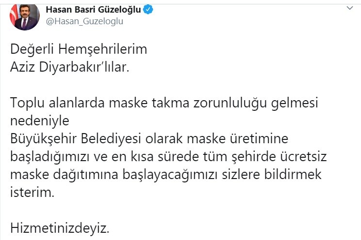 Diyarbakır’da vatandaşlara maskeler ücretsiz dağıtılacak 