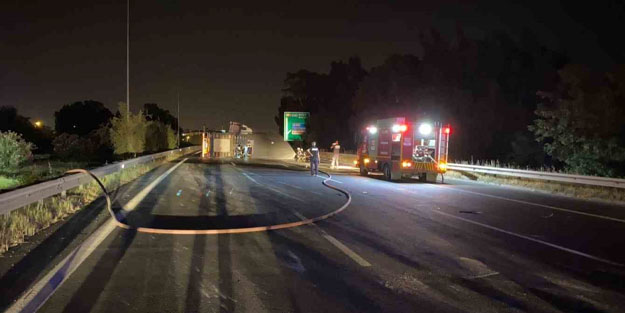 Doğalgaz yüklü tır devrildi! Otoyol trafiğe kapatılıyor