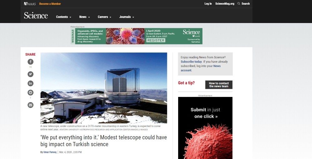 Doğu Anadolu Gözlemevi, saygın bilim dergilerinden Science’da yer aldı 