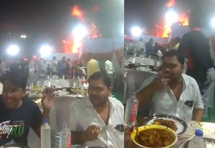 Düğünde yangın çıktı, istiflerini bile bozmadılar