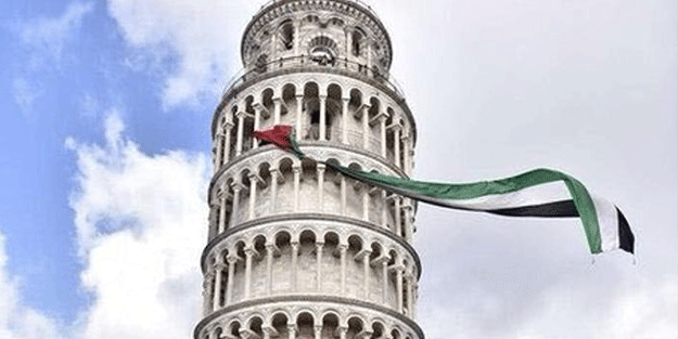 Dünyaca meşhur Pisa Kulesi'nde Filistin bayrağı dalgalandı