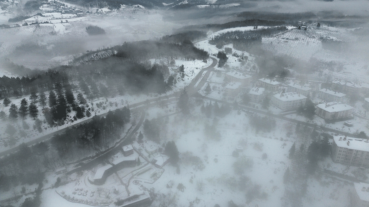 Düzce'de kış yüzünü gösterdi! Sisten kayboldu