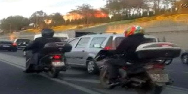 E-5'te motosiklet sürücülerinden çok tehlikeli hareket!