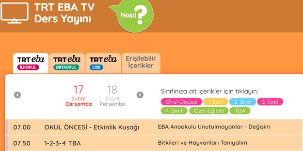 EBA TV 17 Şubat Çarşamba ders programı EBA TV canlı ders saatleri