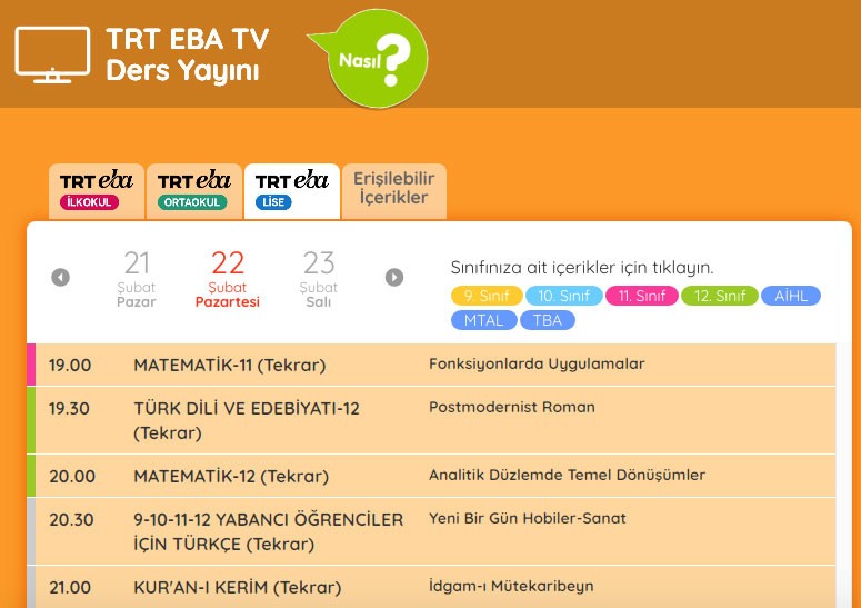 EBA TV canlı ders bugün saat kaçta? 22 Şubat canlı EBA TV dersleri hangileri?