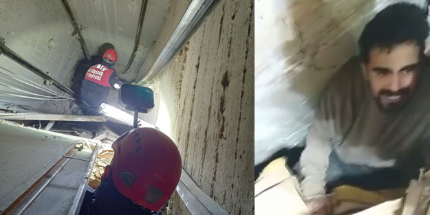 Ekipler asansör boşluğundan inerek 26 yaşındaki genci enkazdan kurtardı