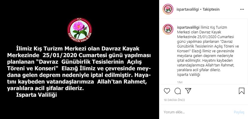Elazığ depremi nedeniyle Davraz’daki açılış töreni iptal edildi 
