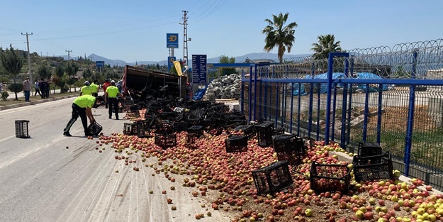 Elma yüklü kamyon devrildi: Yaralılar var