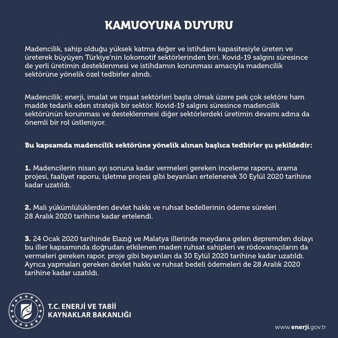 Enerji ve Tabii Kaynaklar Bakanlığından madencilik sektöründe korona virüs tedbirleri 