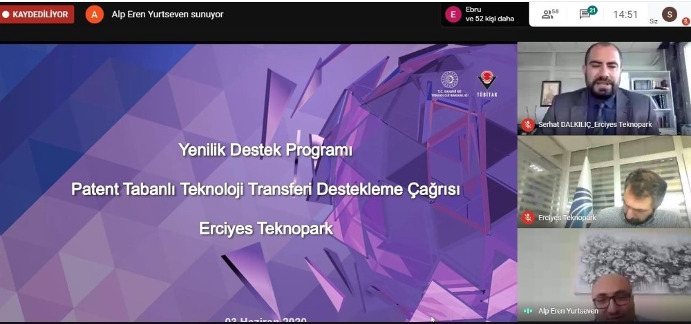 Erciyes Teknopark tarafından siparişe dayalı Ar-Ge Projeleri ve Patent Tabanlı Teknoloji Transferi Destekleme Programları ile ilgili bilgilendirme Webinarı düzenlendi 