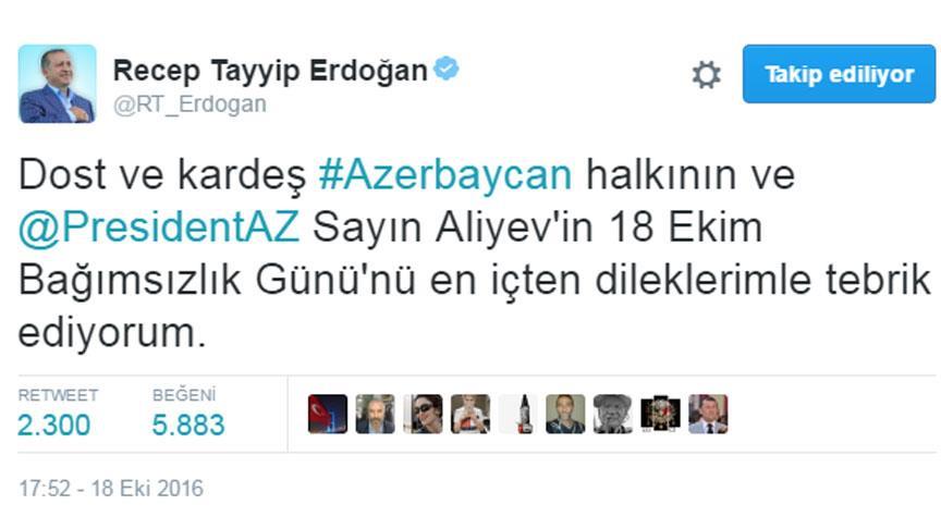  Erdoğan'dan Azerbaycan'a bağımsızlık kutlaması