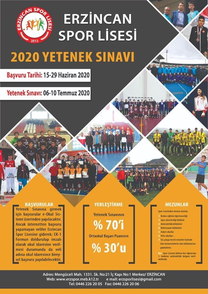 Erzincan Spor Lisesine yetenek sınavıyla öğrenci alınacak 
