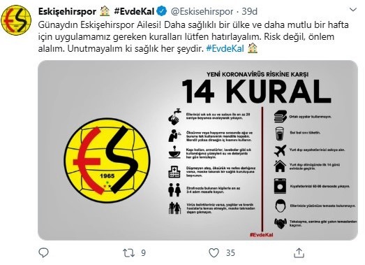 Eskişehirspor’dan ’evde kal’ çağrısı 